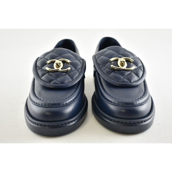 Chanel 21B Blue Quilted Flap Turnlock CC Logo Gold Mule Slip On Flat Loafer 36.5 - Picture 6 of 12